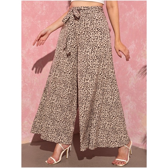 Plus Khaki tan Leopard Print Wide Leg Palazzo Pants - Picture 3 of 6